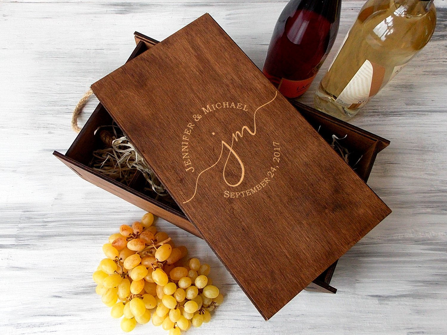 Double Wine Box with Monogram -  5th Anniversary Gift fro Couple