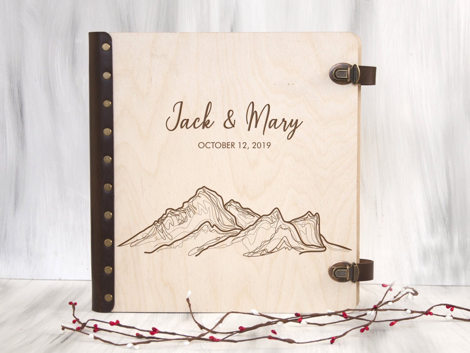 Personalized Travel Photo Album - Wood Engraved Scrapbook Album with Self-Adhesive Sheets