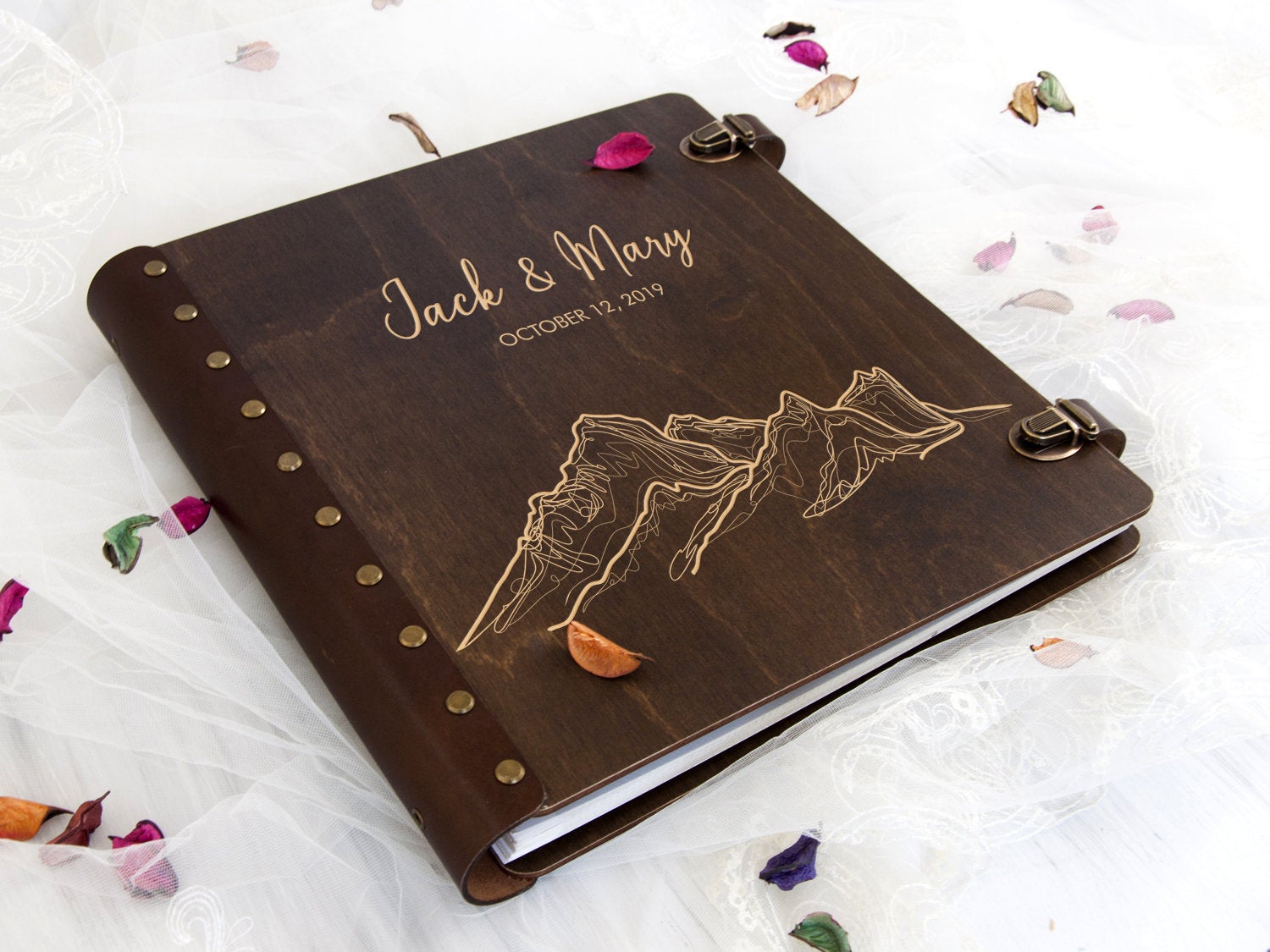 Personalized Travel Photo Album - Wood Engraved Scrapbook Album with Self-Adhesive Sheets