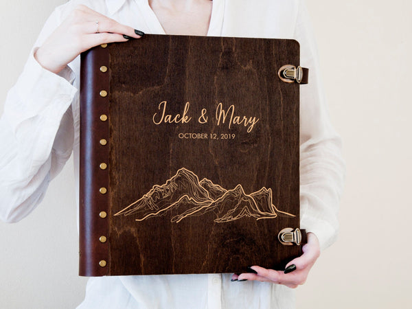 Personalized Travel Photo Album - Wood Engraved Scrapbook Album with Self-Adhesive Sheets
