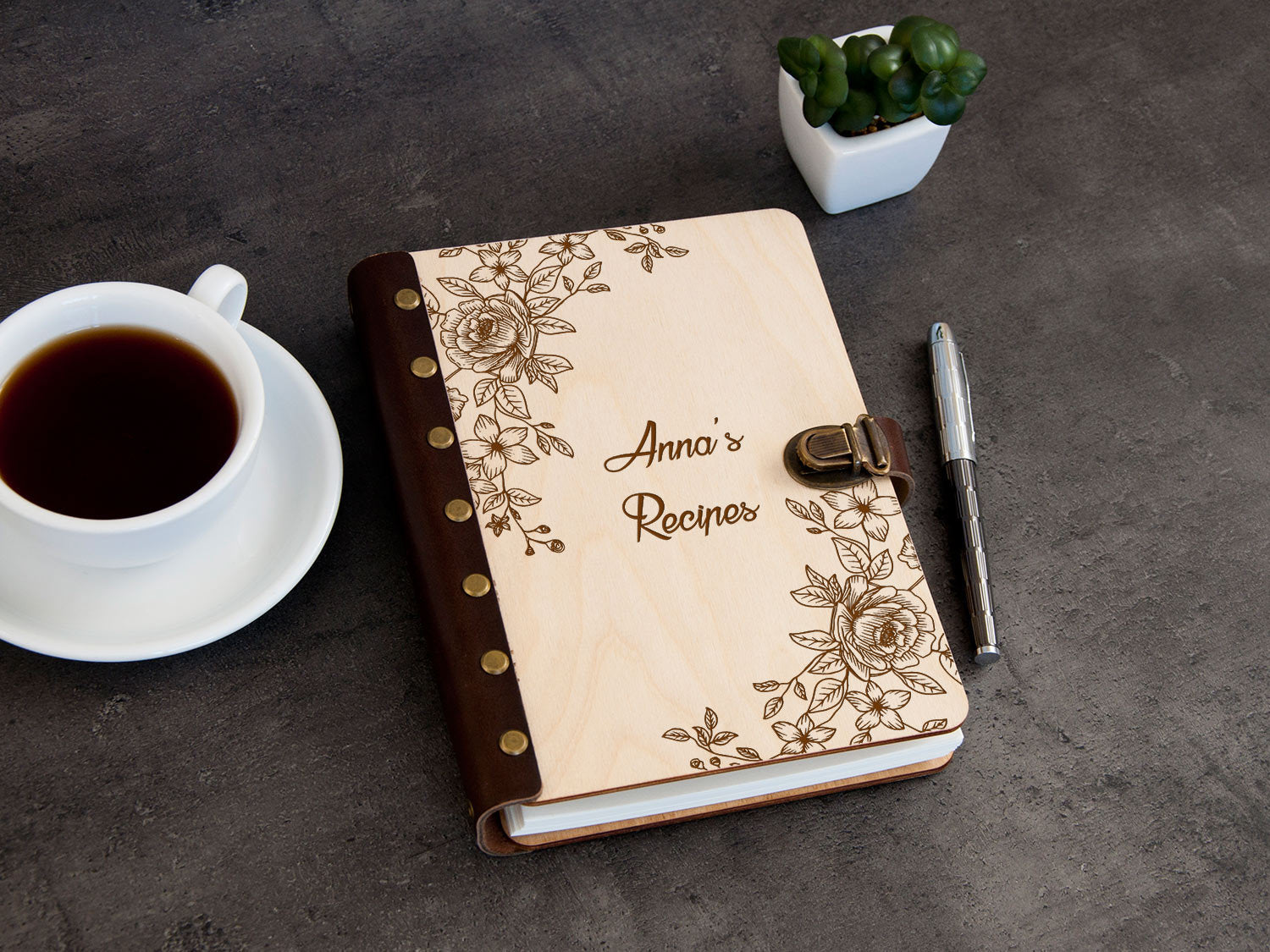 Personalized Recipe Journal with Flowers Pattern - Wooden Journal