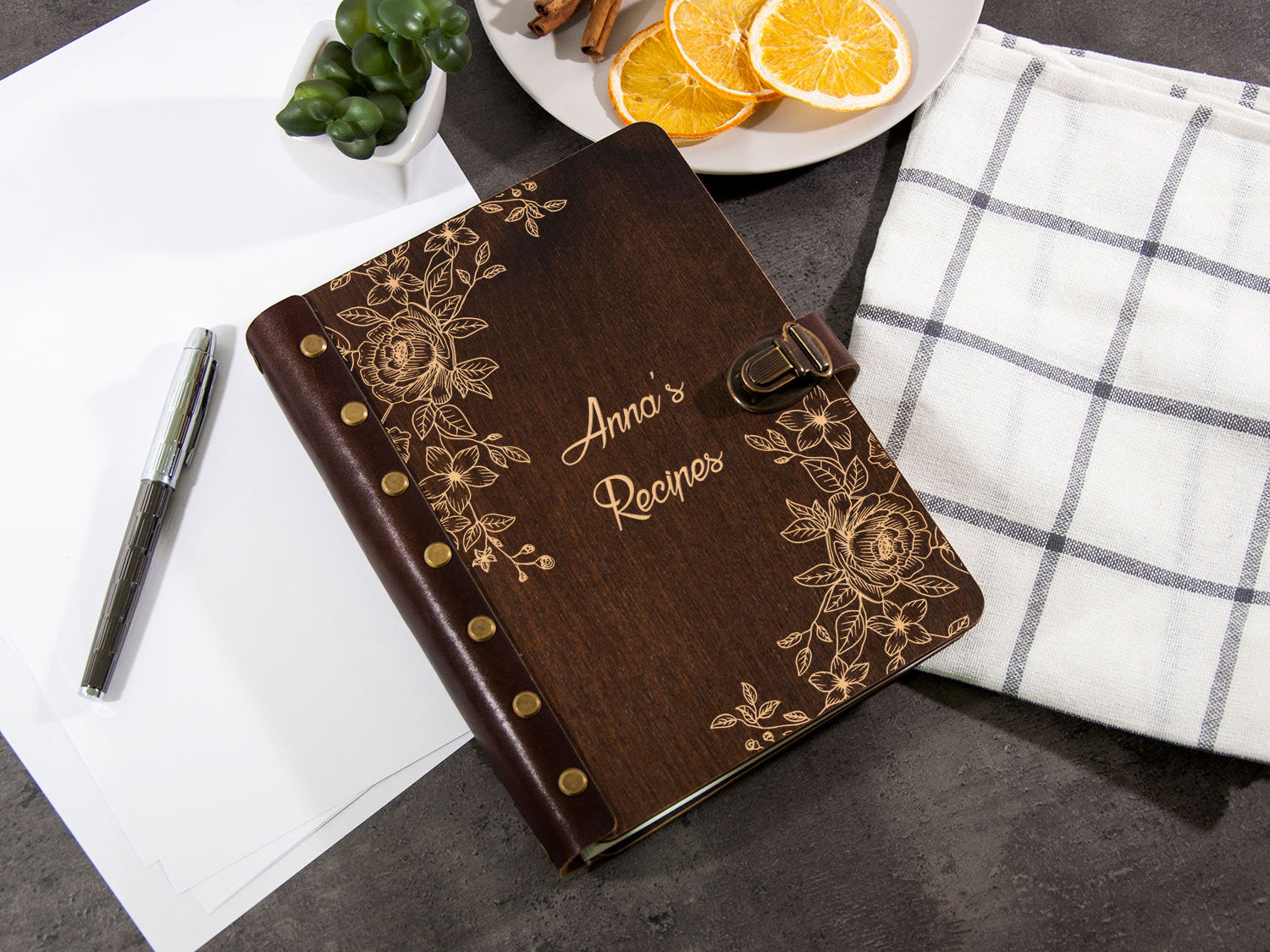 Personalized Recipe Journal with Flowers Pattern - Wooden Journal