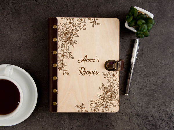 Personalized Recipe Journal with Flowers Pattern - Wooden Journal