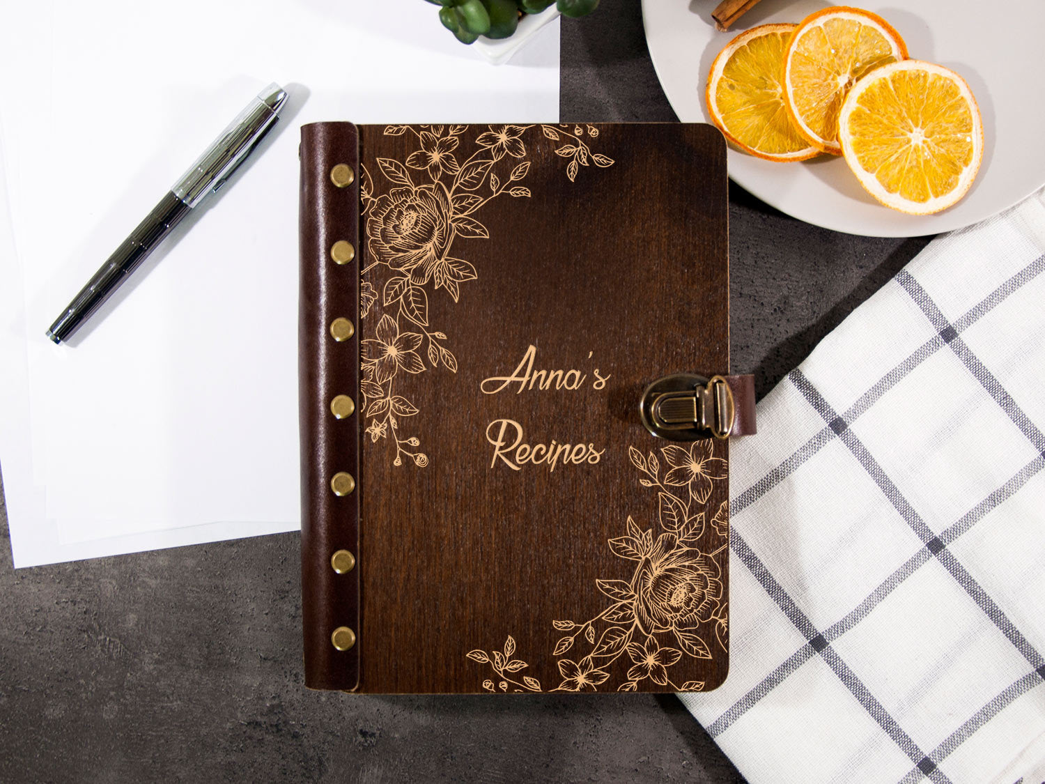 Personalized Recipe Journal with Flowers Pattern - Wooden Journal