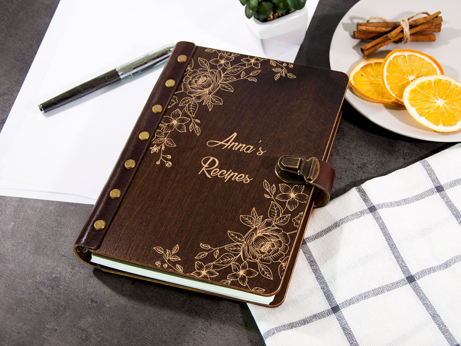 Personalized Recipe Journal with Flowers Pattern - Wooden Journal