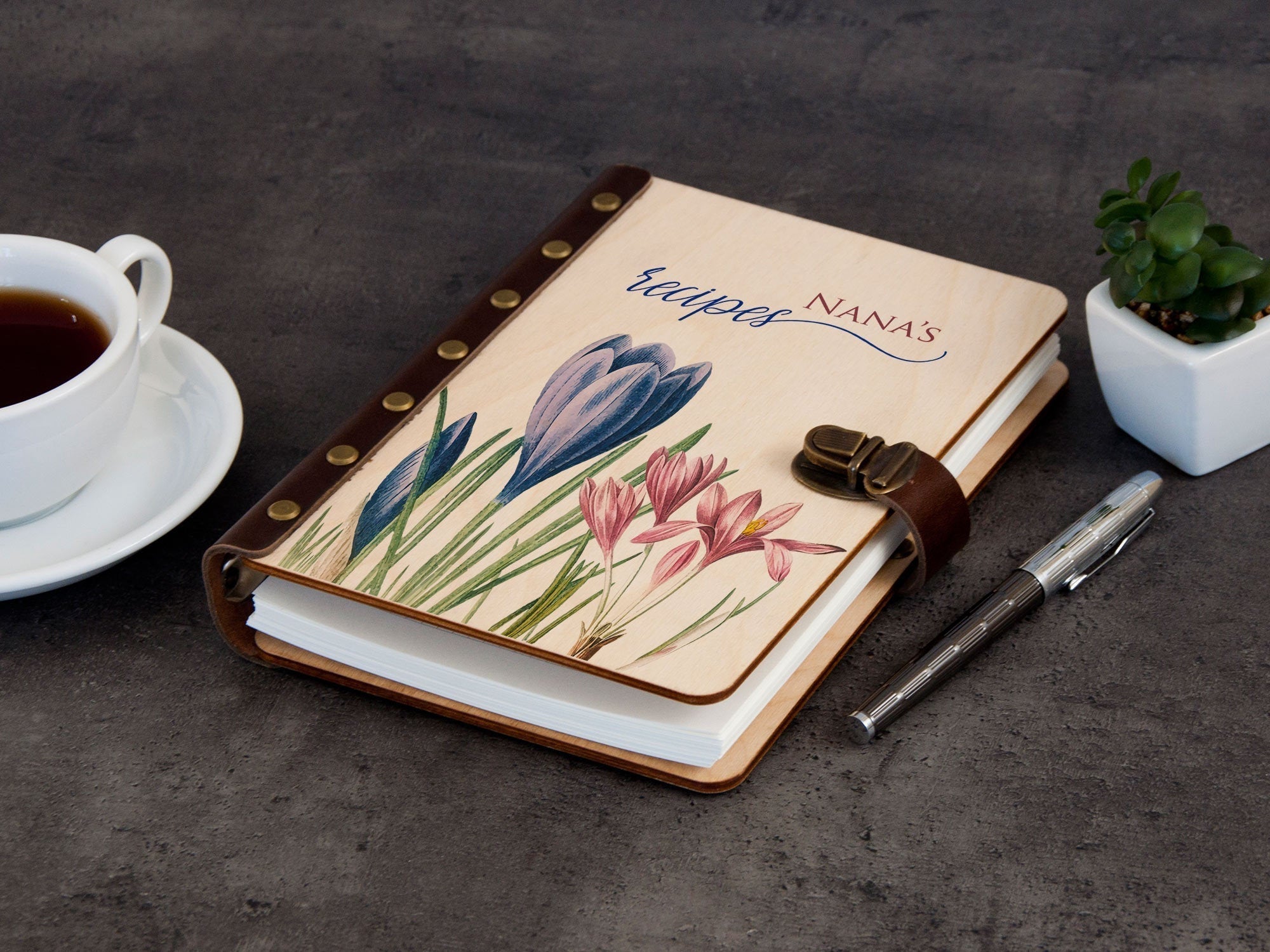 Customized Recipe Binder - Wooden Cookbook with Crocus Flower