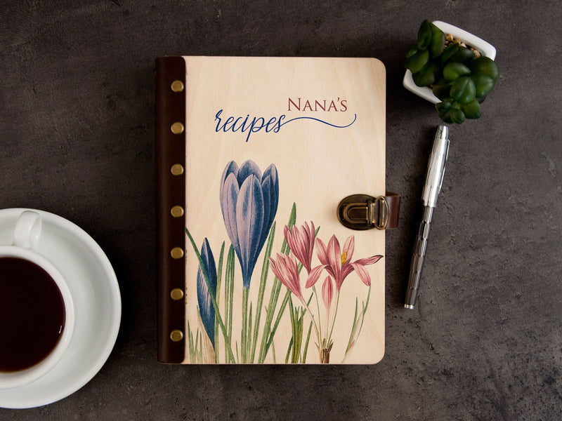 Customized Recipe Binder - Wooden Cookbook with Crocus Flower