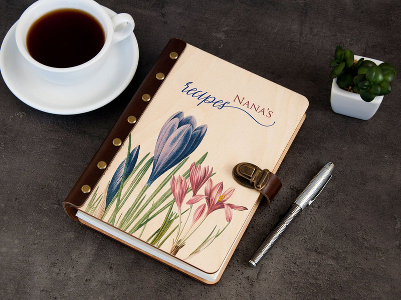 Customized Recipe Binder - Wooden Cookbook with Crocus Flower