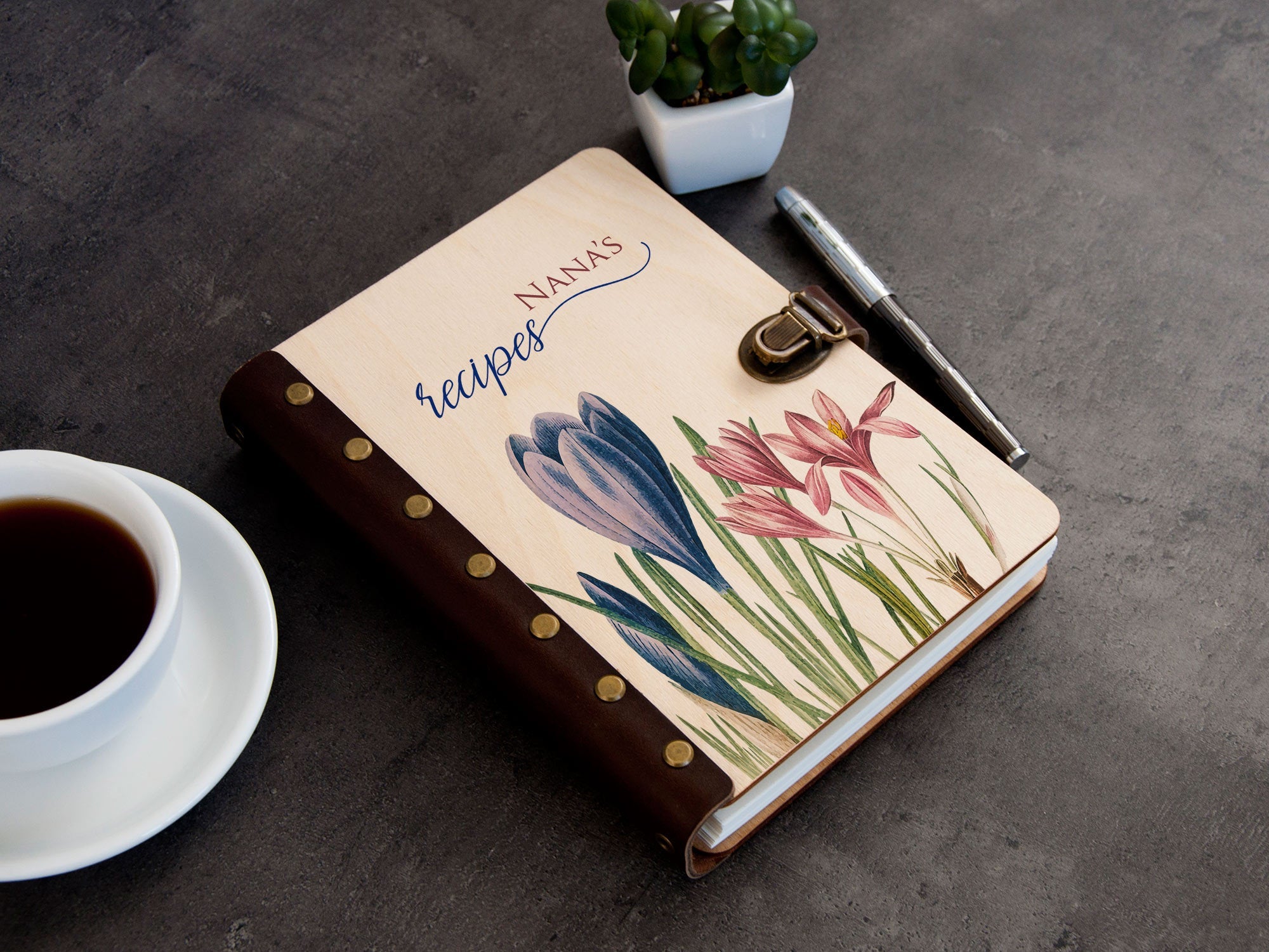 Customized Recipe Binder - Wooden Cookbook with Crocus Flower