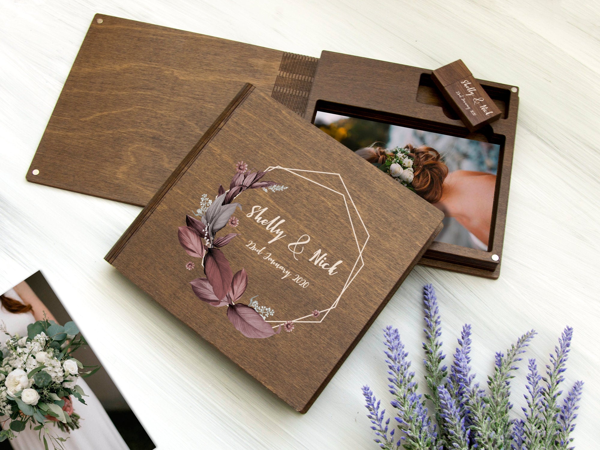 Wood Photo Box Optional 16/32 Gb USB  -Anniversary Gift for Wife