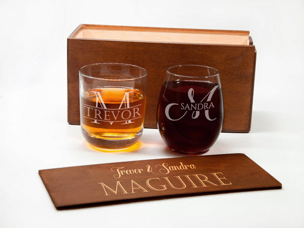 His and Hers Toasting Glasses - Husband and Wife Whiskey and Wine Glasses