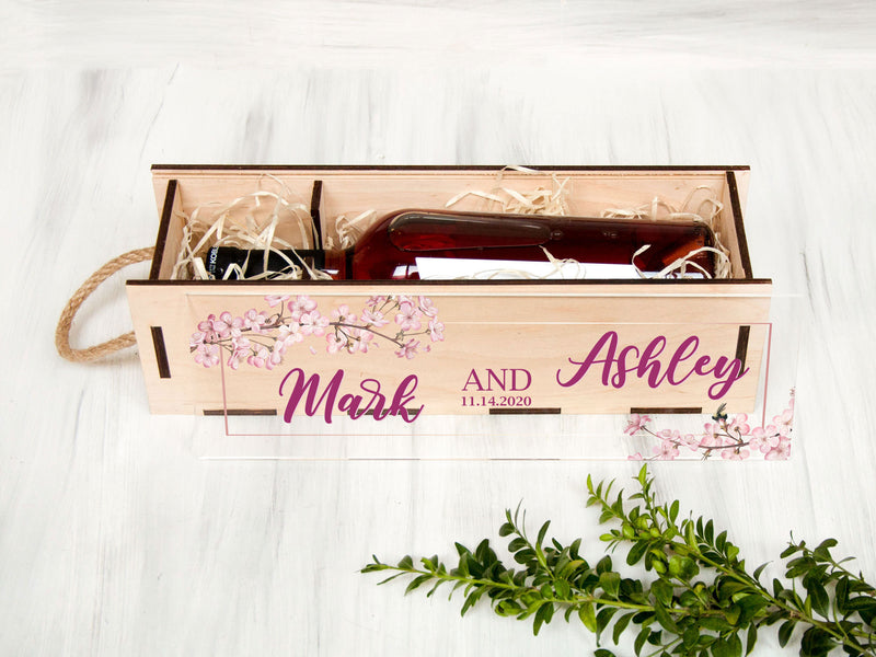 Personalized Wooden Wine Box with Sakura - Wedding Gift
