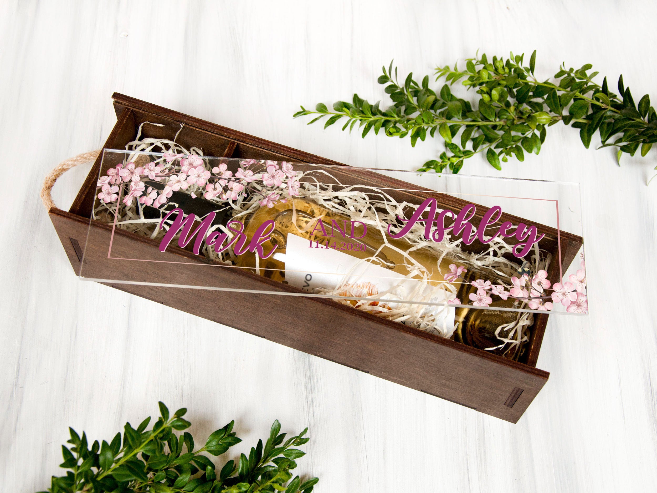 Personalized Wooden Wine Box with Sakura - Wedding Gift