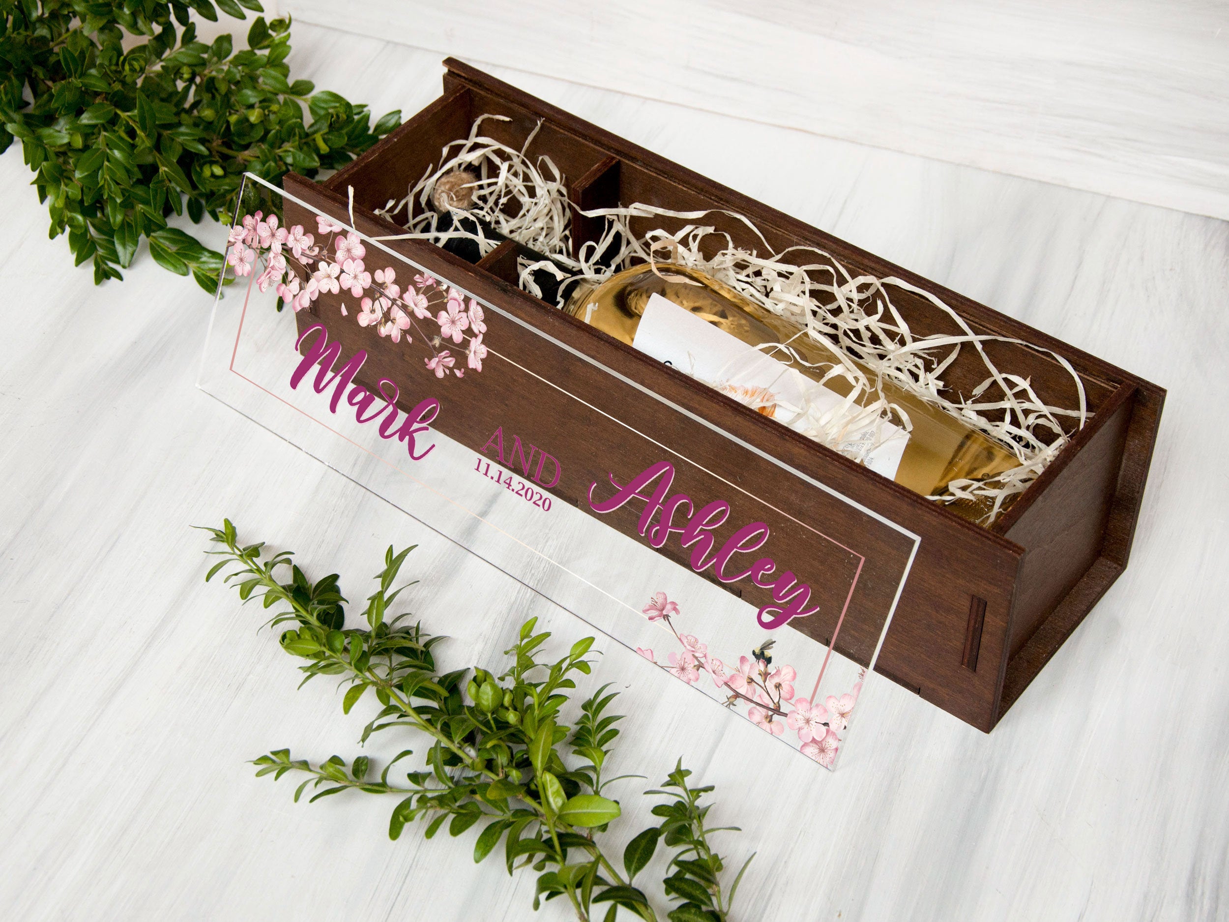 Personalized Wooden Wine Box with Sakura - Wedding Gift