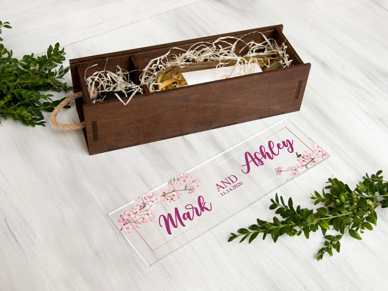Personalized Wooden Wine Box with Sakura - Wedding Gift