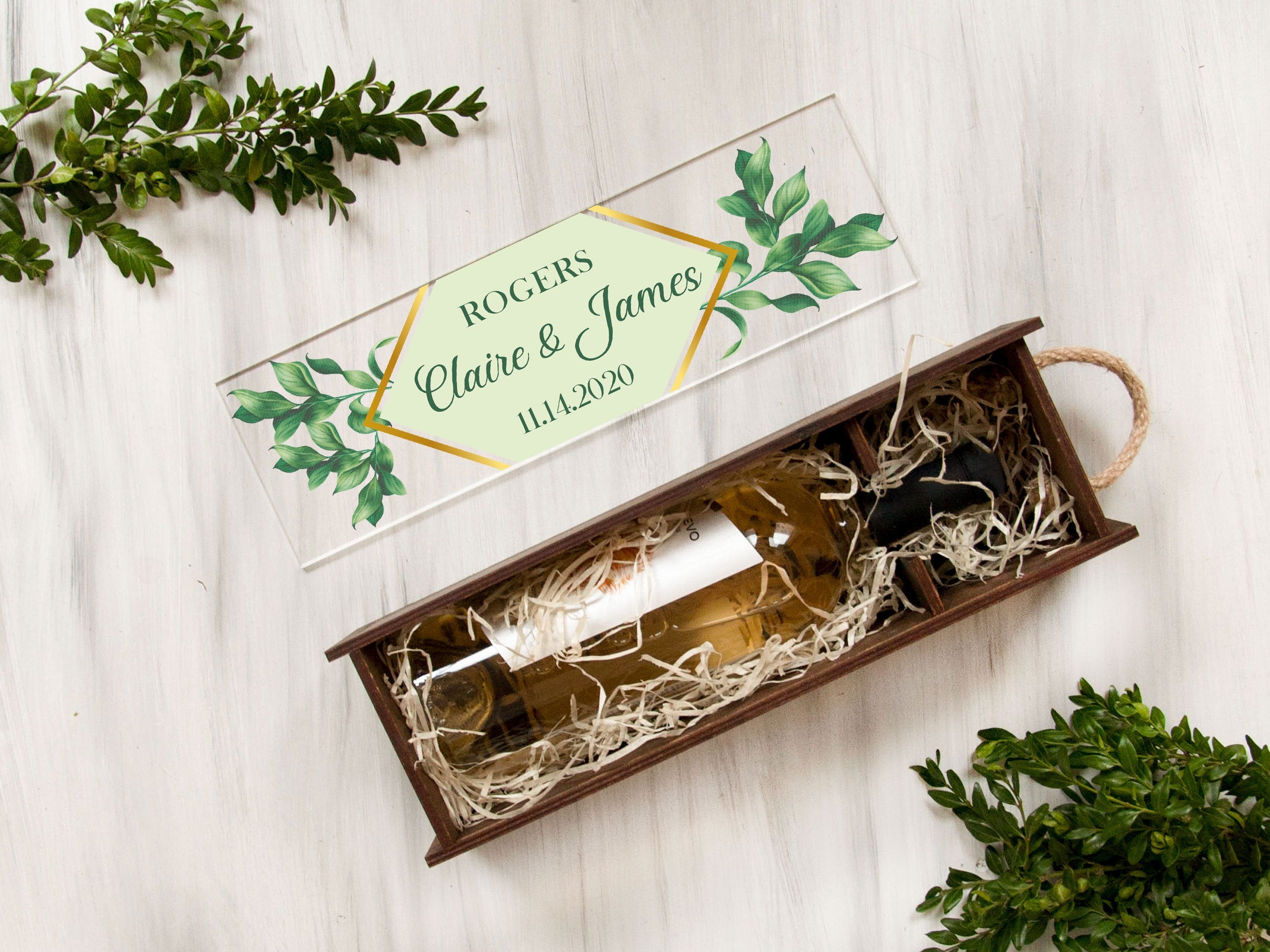 Greenery Wedding Wine Box - Engagement Gift for Couple