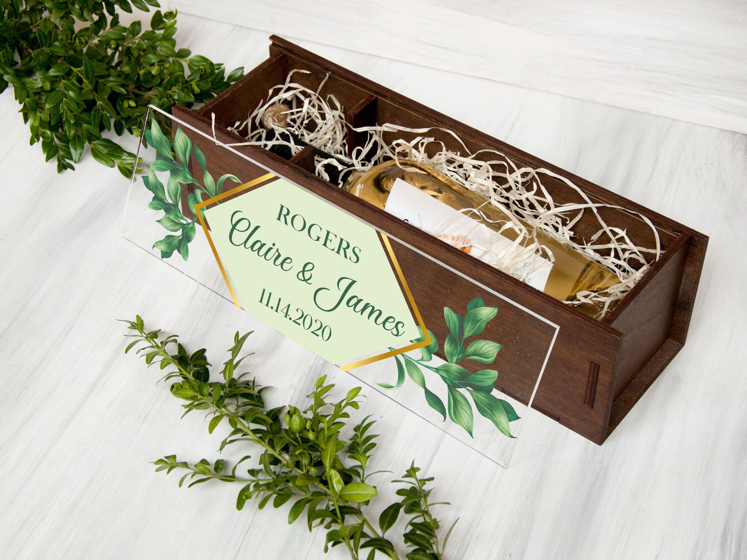 Greenery Wedding Wine Box - Engagement Gift for Couple