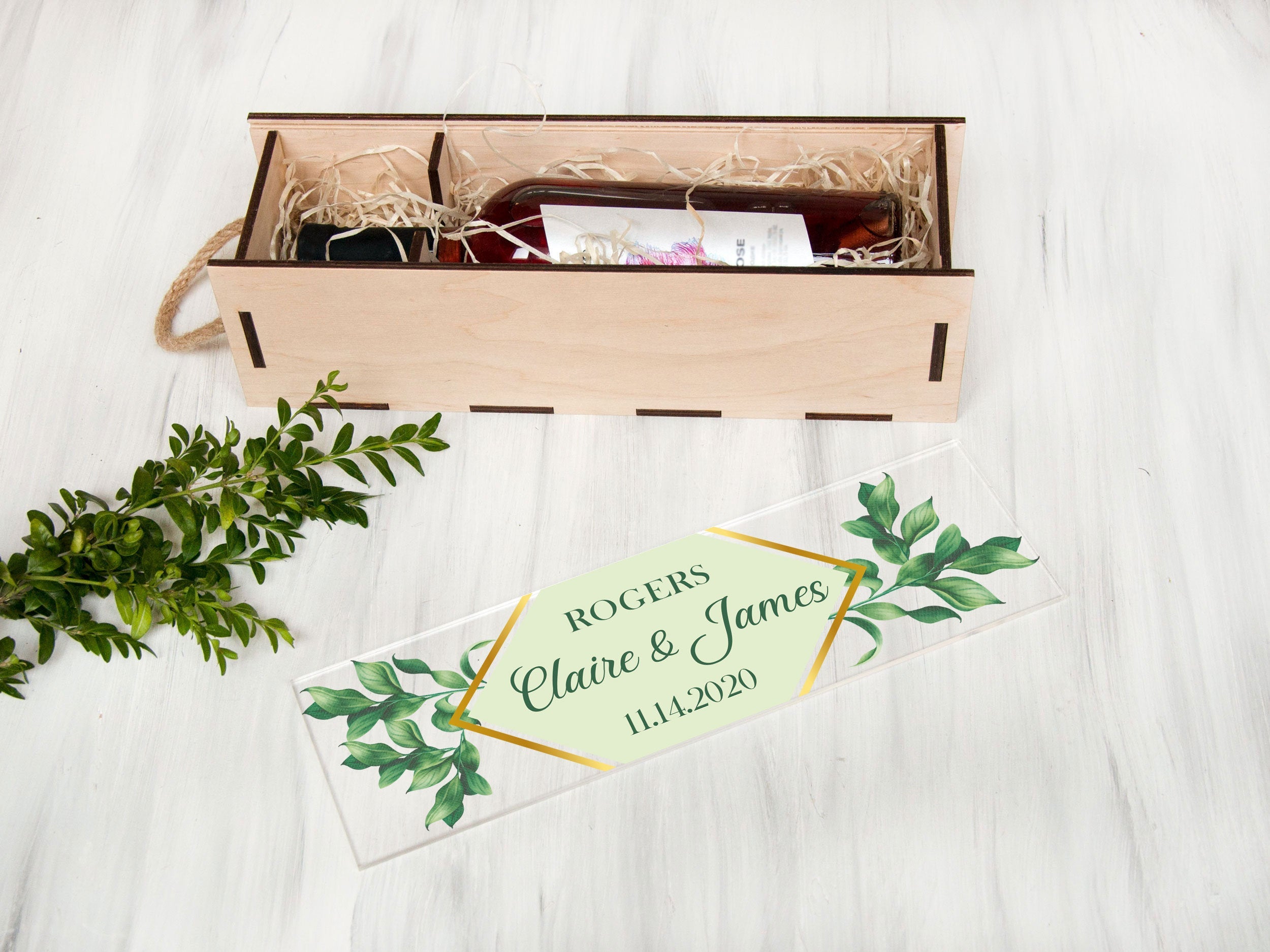 Greenery Wedding Wine Box - Engagement Gift for Couple