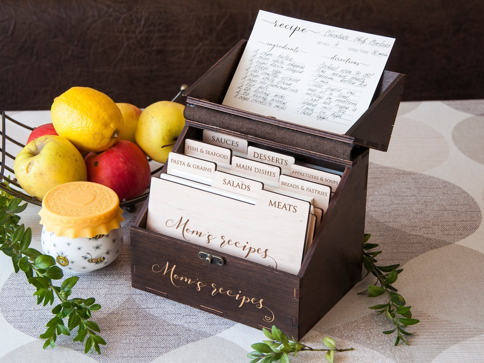 Wooden Recipe Box - Personalized Recipe Card Box for Moms Birthday