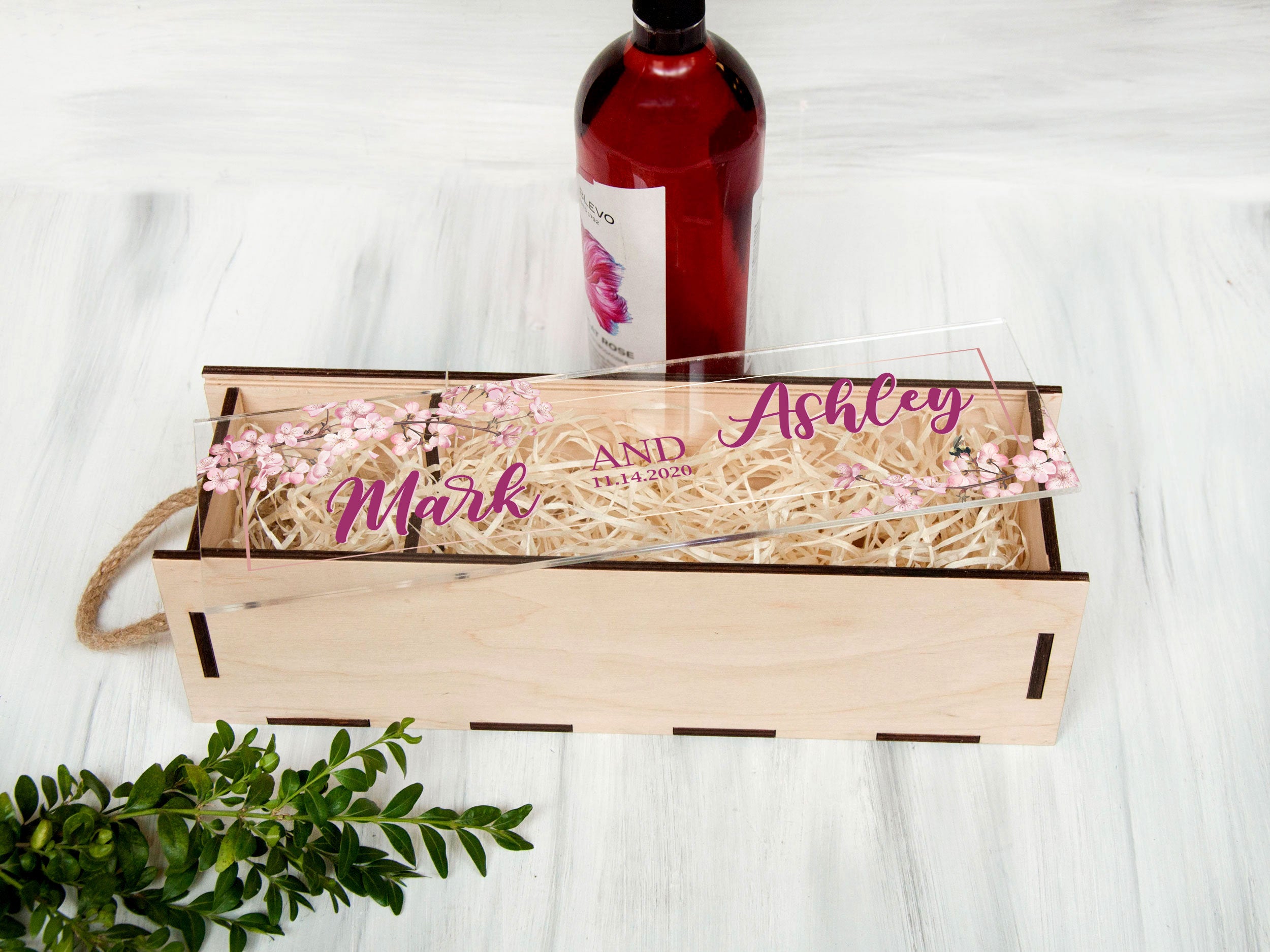 Personalized Wooden Wine Box with Sakura - Wedding Gift