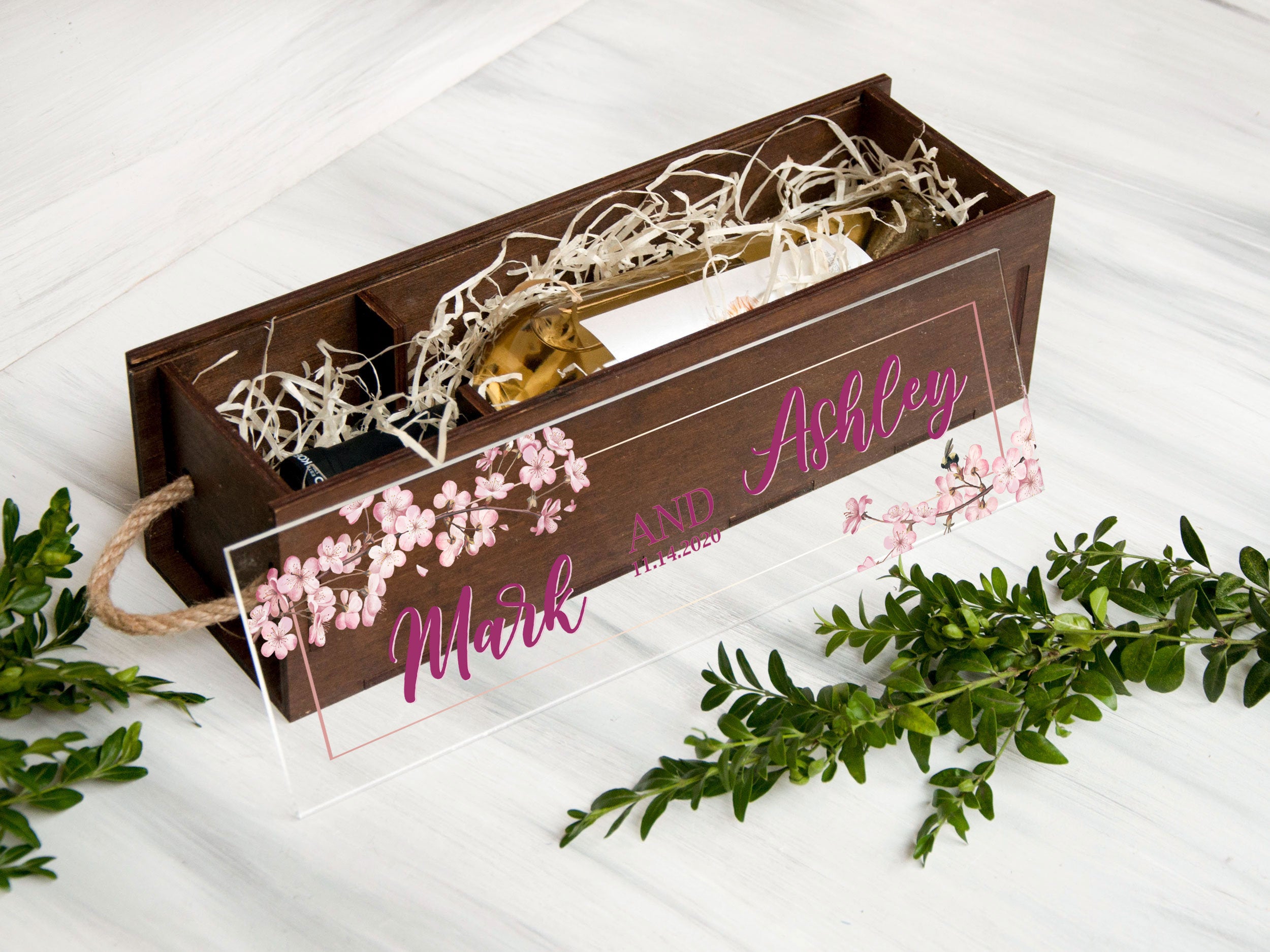 Personalized Wooden Wine Box with Sakura - Wedding Gift