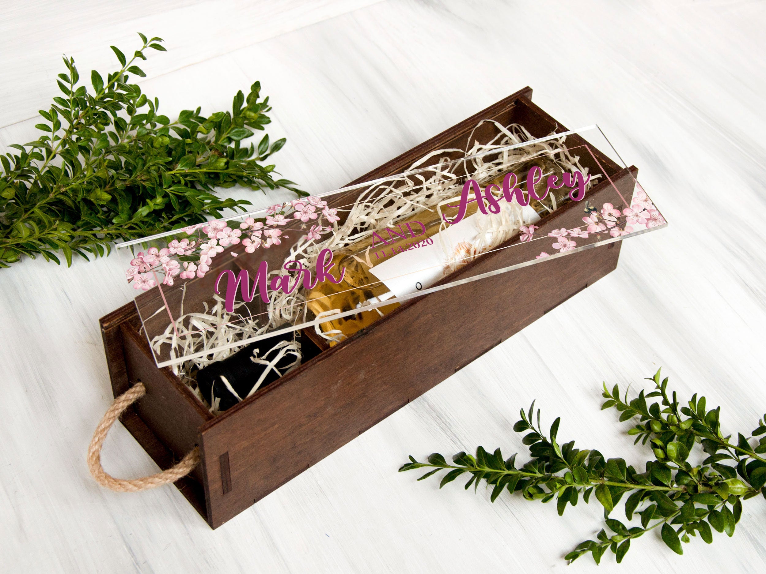 Personalized Wooden Wine Box with Sakura - Wedding Gift