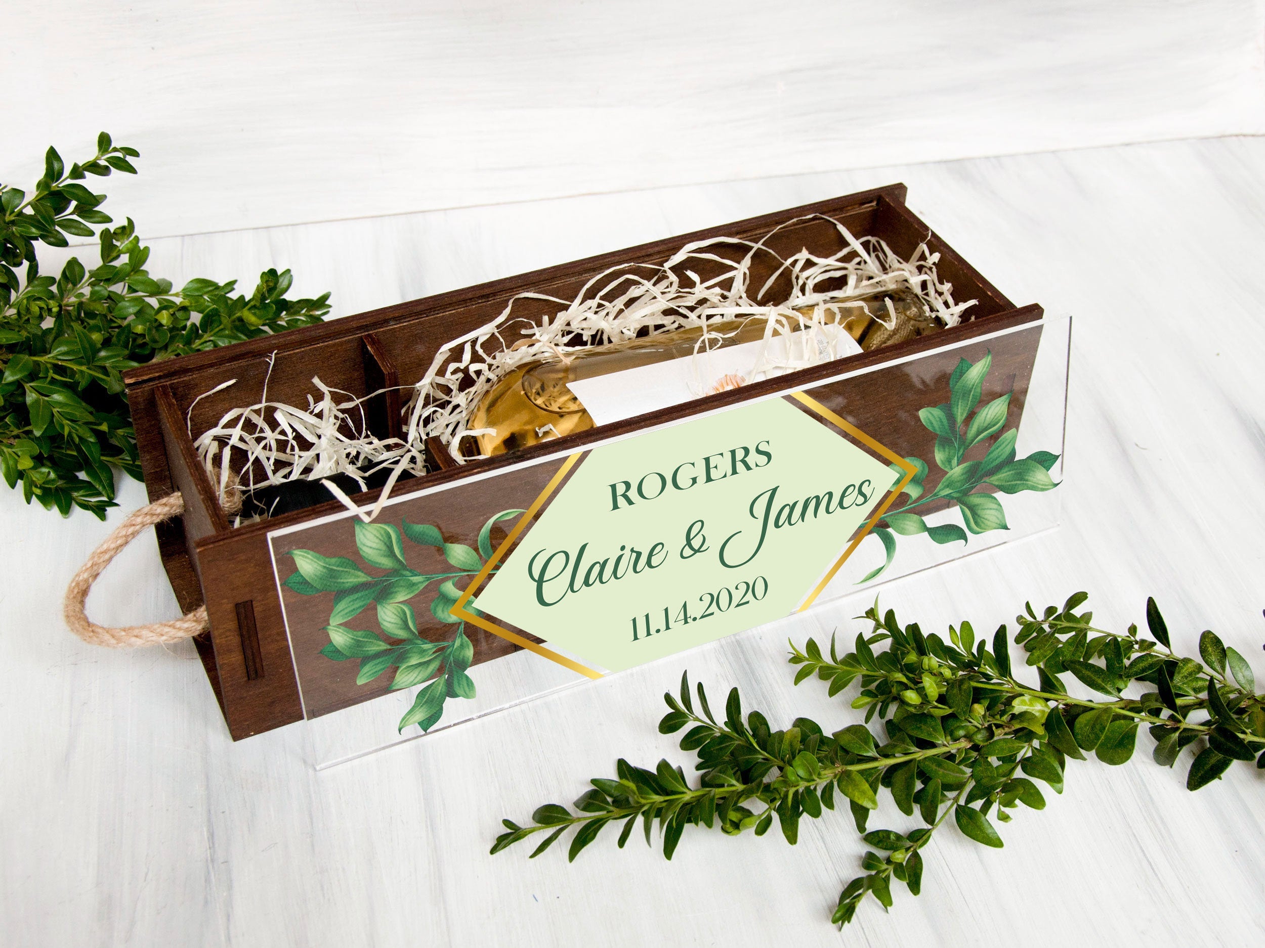 Greenery Wedding Wine Box - Engagement Gift for Couple