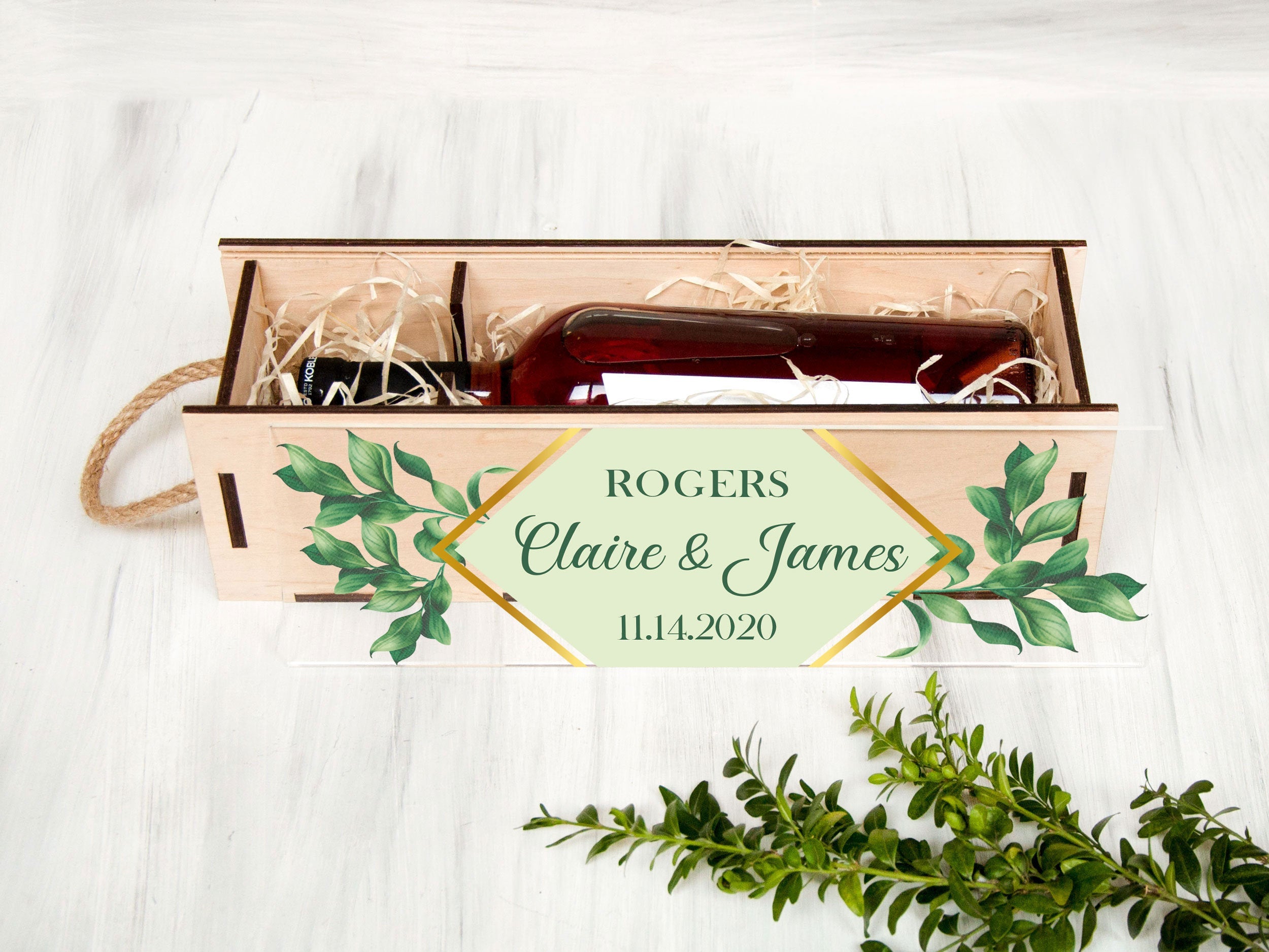 Greenery Wedding Wine Box - Engagement Gift for Couple