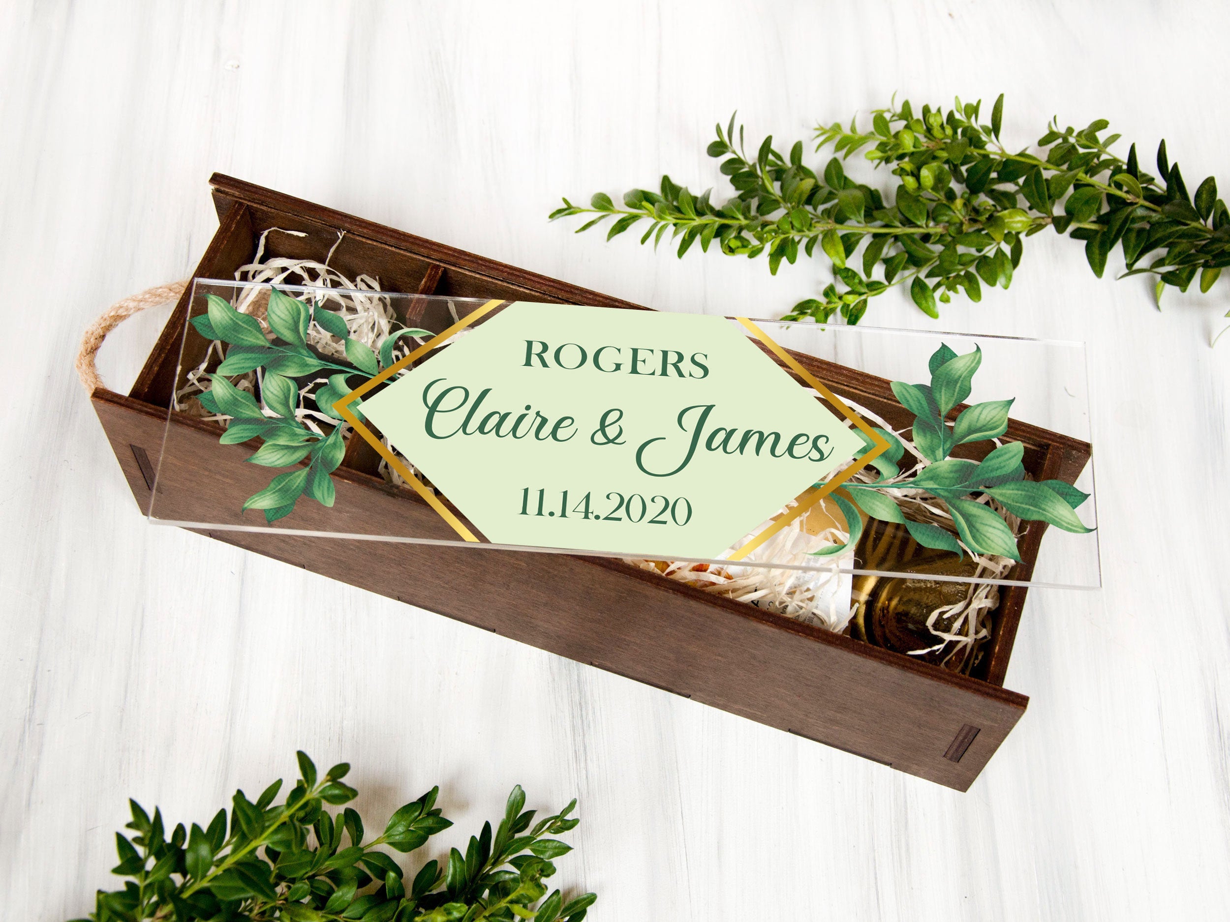 Greenery Wedding Wine Box - Engagement Gift for Couple