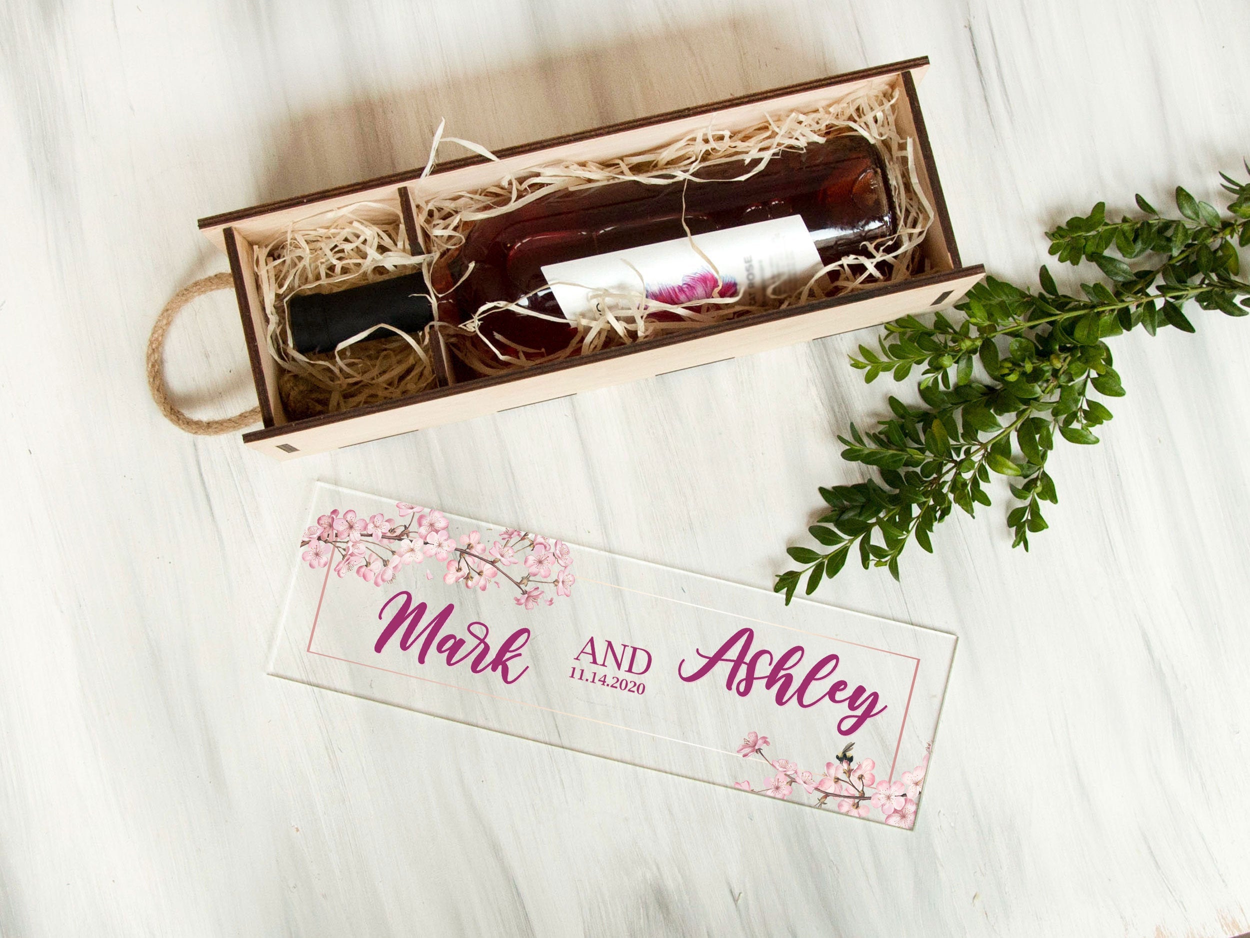 Personalized Wooden Wine Box with Sakura - Wedding Gift