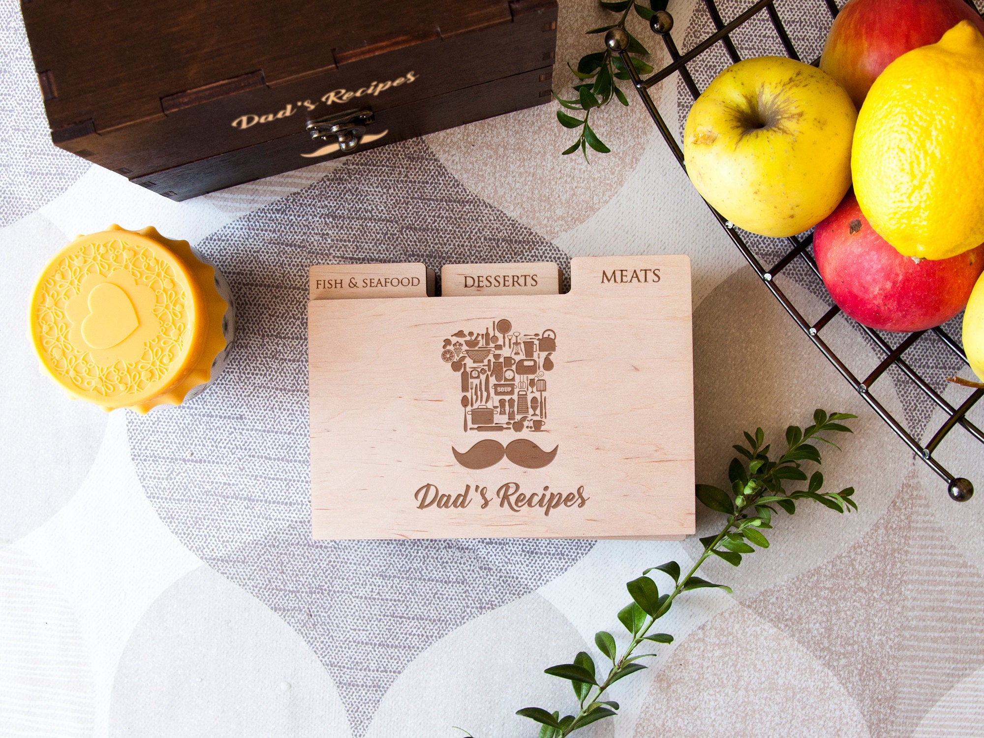 Engraved Recipe Box with Wooden Dividers - Birthday Gift for Dad