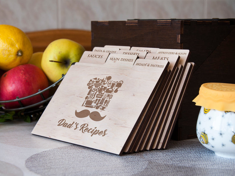 Engraved Recipe Box with Wooden Dividers - Birthday Gift for Dad