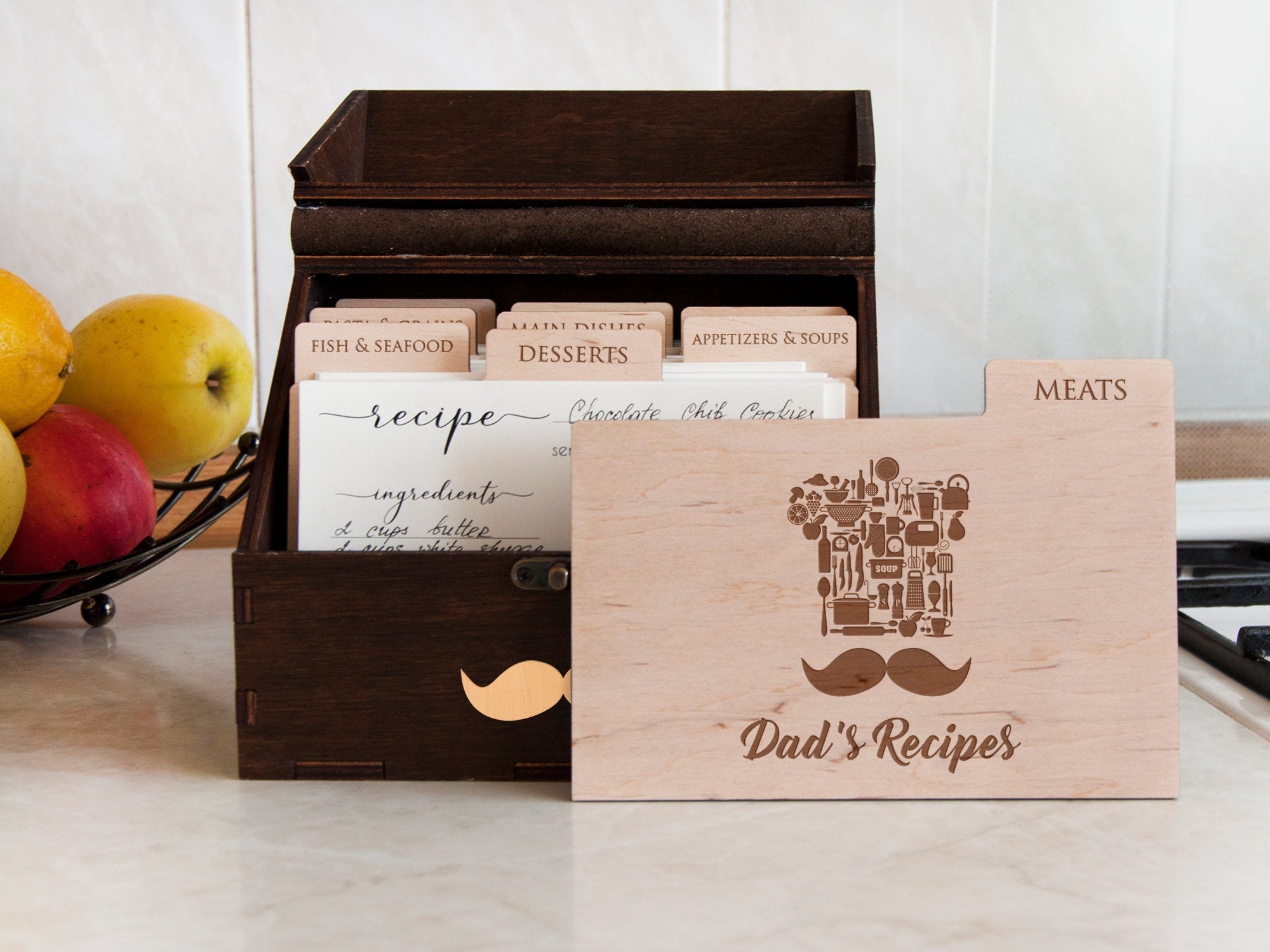 Engraved Recipe Box with Wooden Dividers - Birthday Gift for Dad