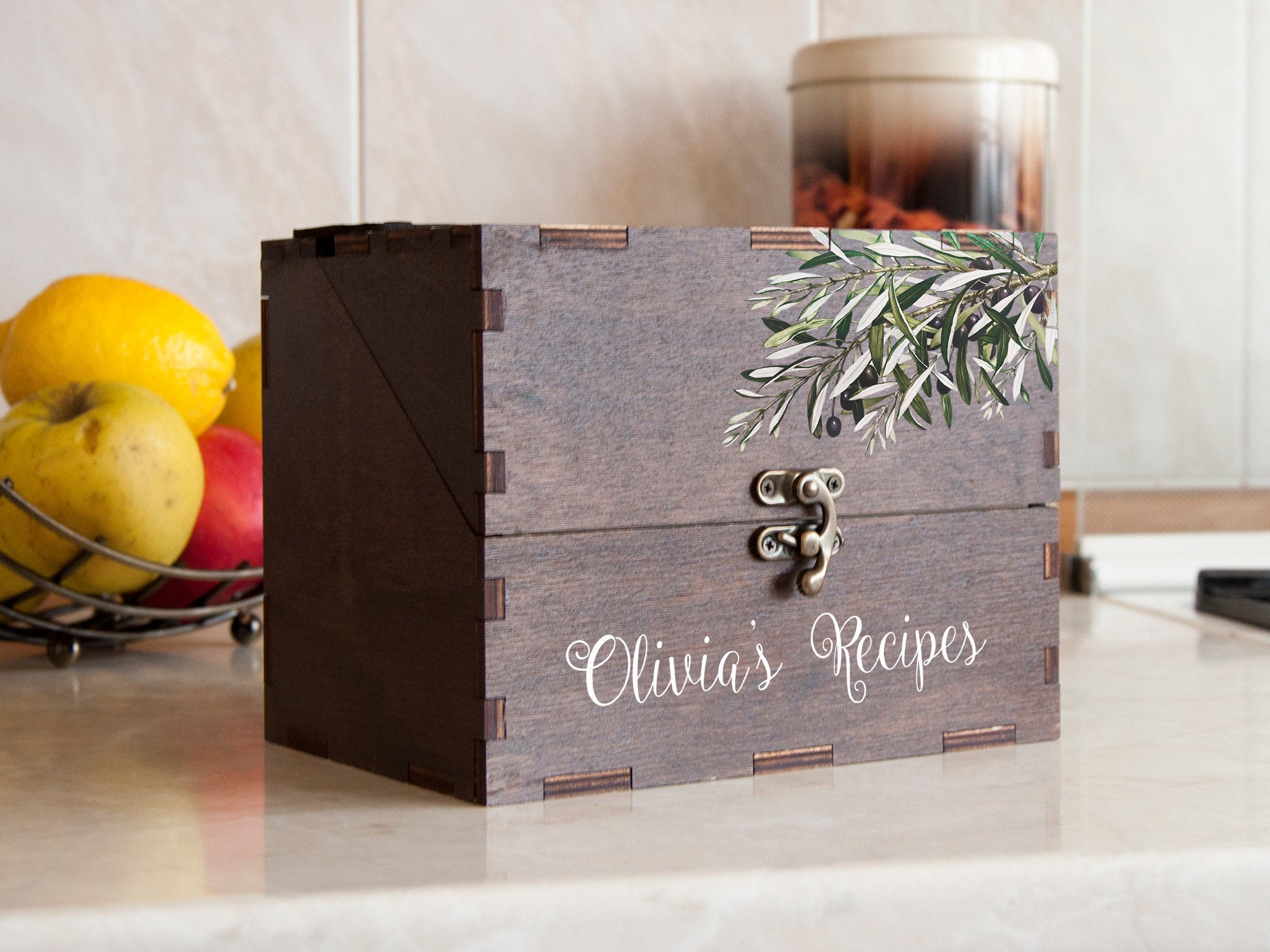 Wooden Recipe Box with Olive Branch Print - Housewarming Gift for Her