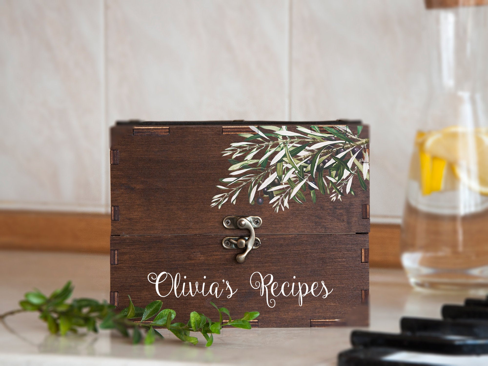 Wooden Recipe Box with Olive Branch Print - Housewarming Gift for Her