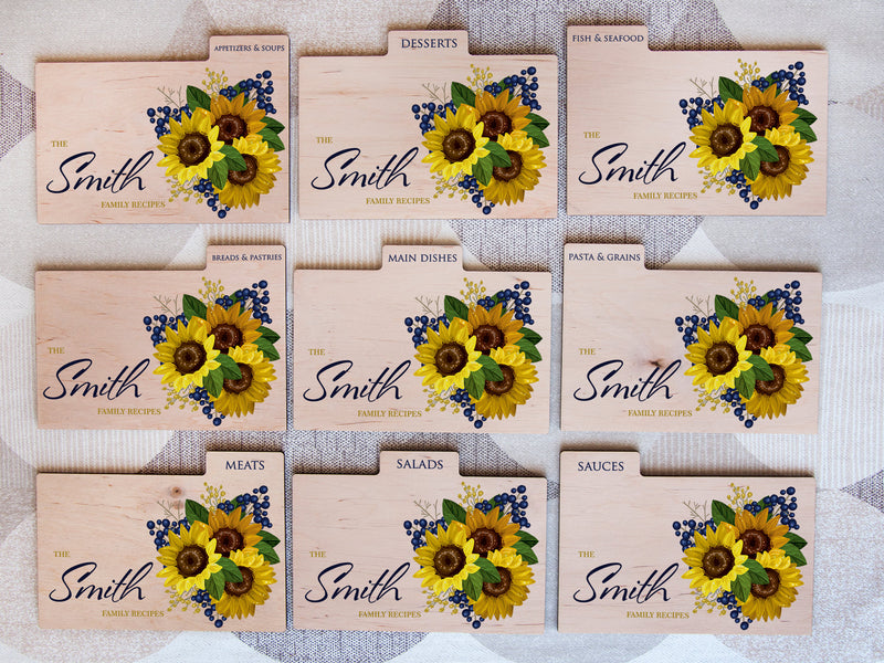 Wooden Recipe Box with Sunflowers Design - Wedding Gift for Daughter in Law