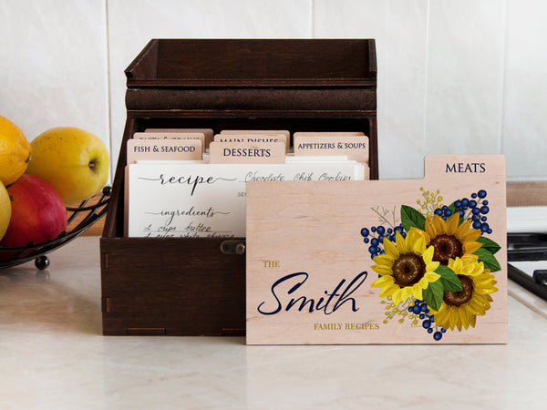 Wooden Recipe Box with Sunflowers Design - Wedding Gift for Daughter in Law