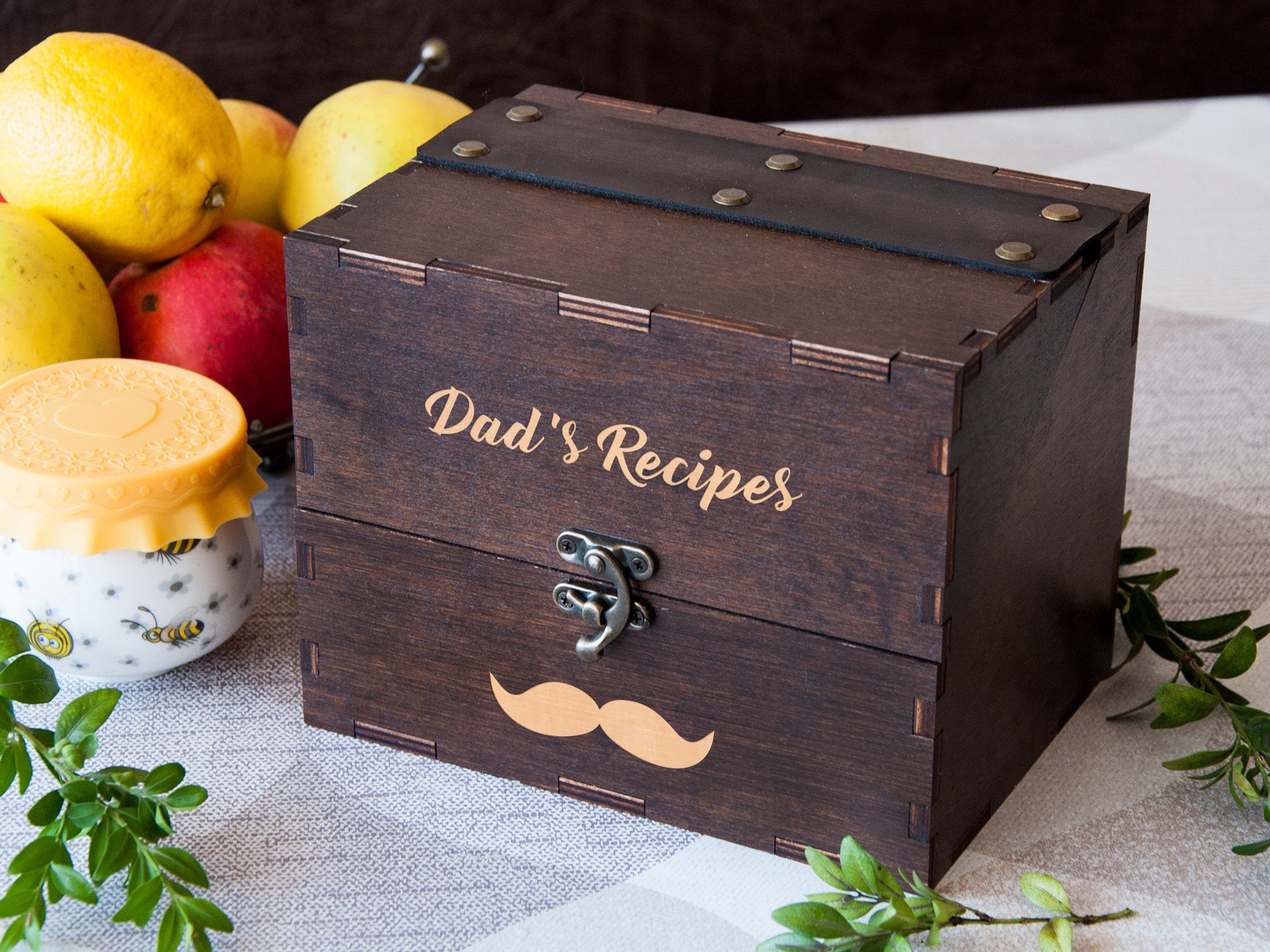 Engraved Recipe Box with Wooden Dividers - Birthday Gift for Dad