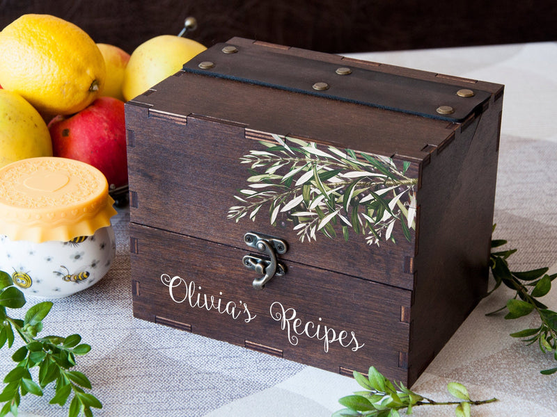 Wooden Recipe Box with Olive Branch Print - Housewarming Gift for Her
