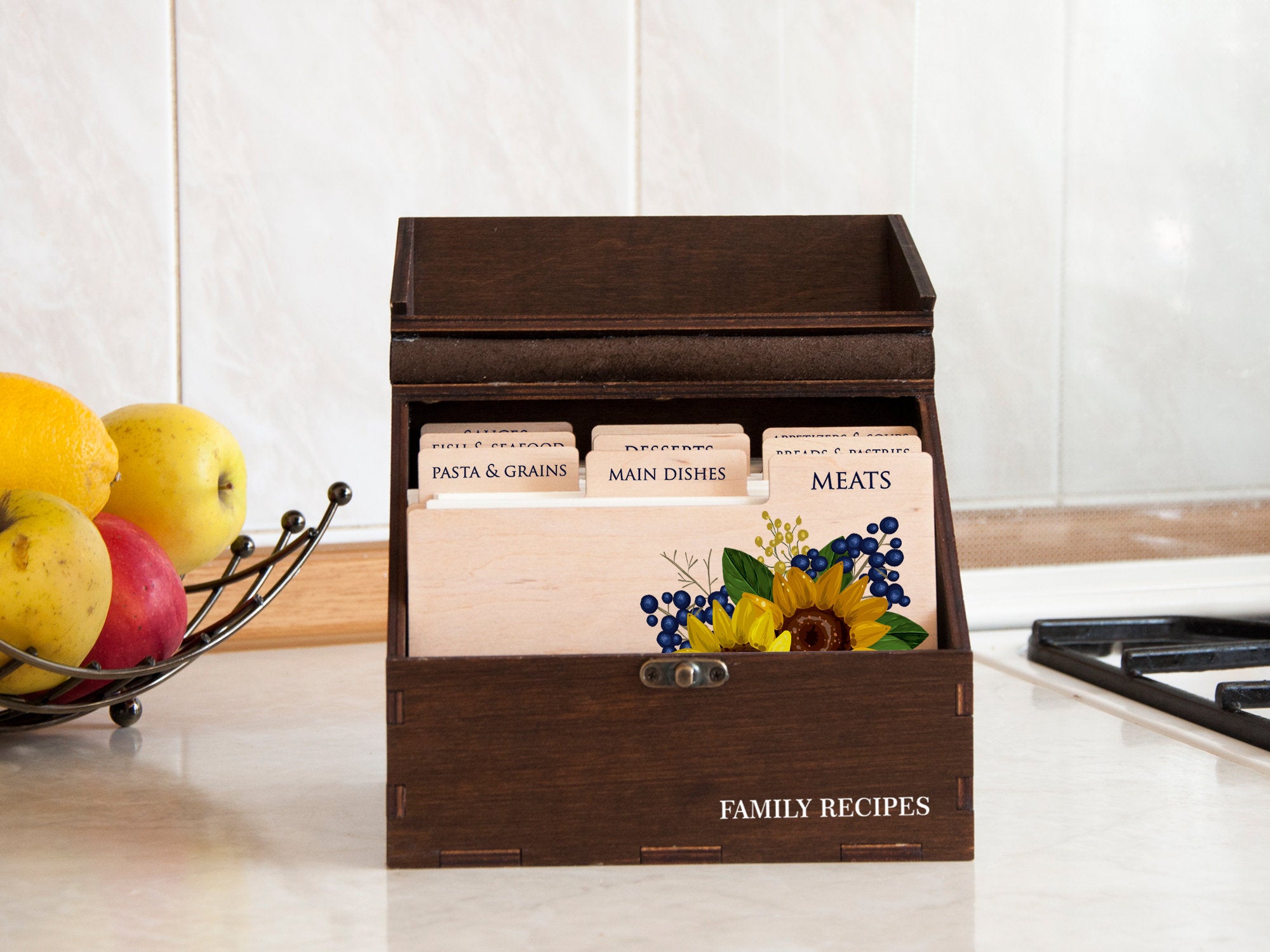 Wooden Recipe Box with Sunflowers Design - Wedding Gift for Daughter in Law