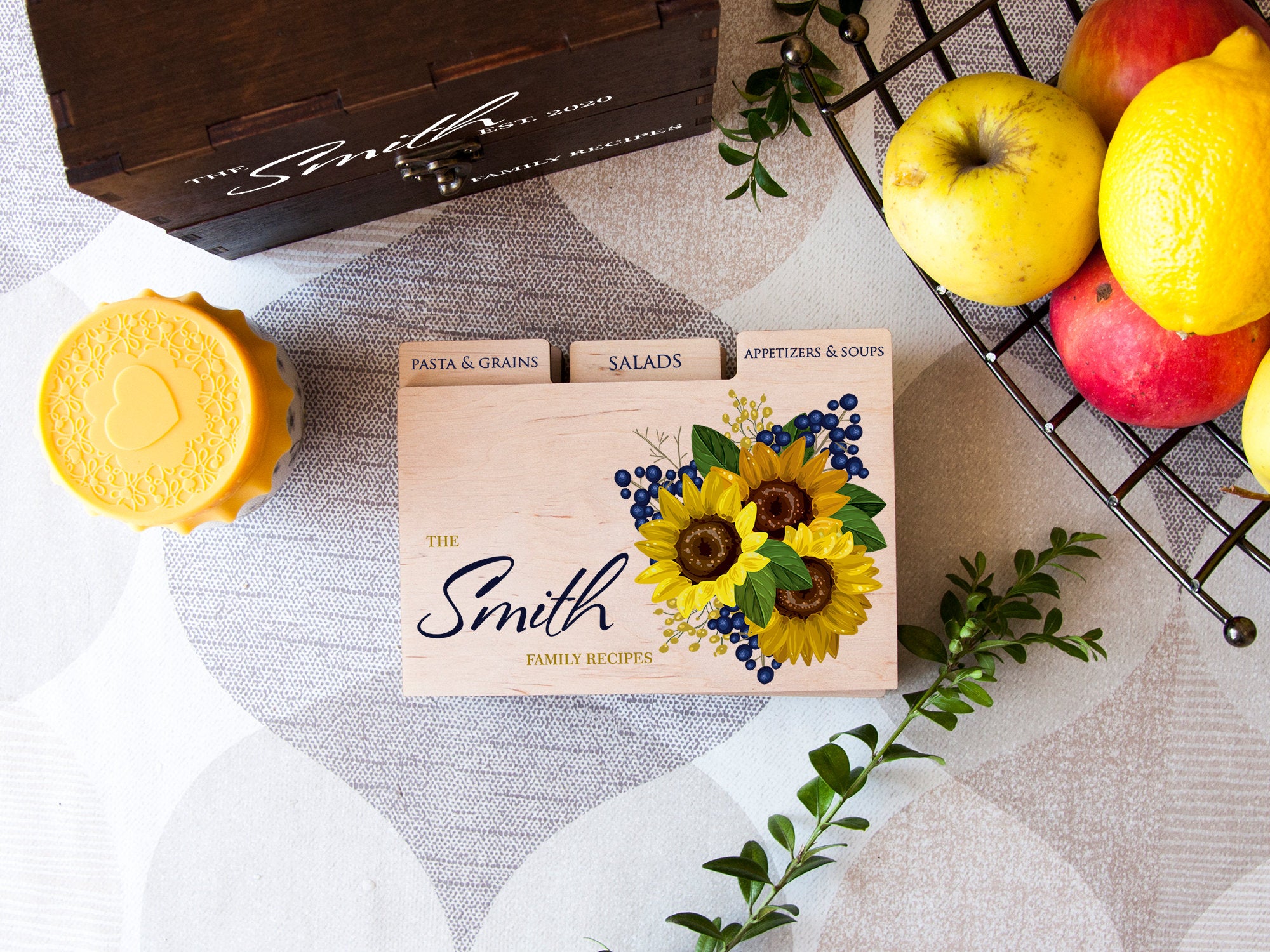 Wooden Recipe Box with Sunflowers Design - Wedding Gift for Daughter in Law