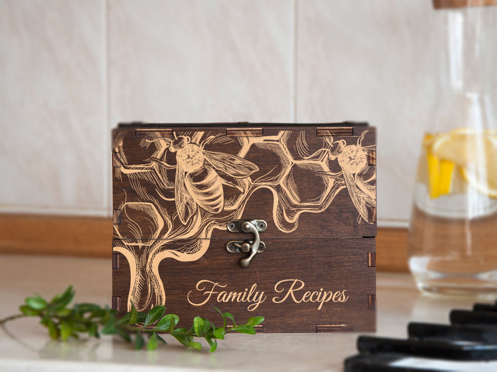 Honeycomb Recipe Box - Christmas Gift for Grandma with Bumble Bee Art