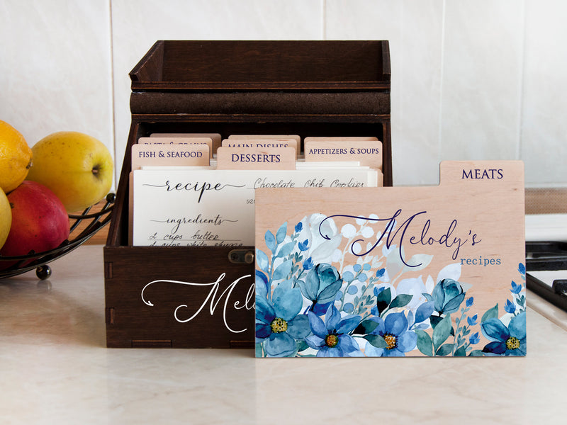 Personalized Recipe Box with Floral Dividers - Christmas Gift for Mom