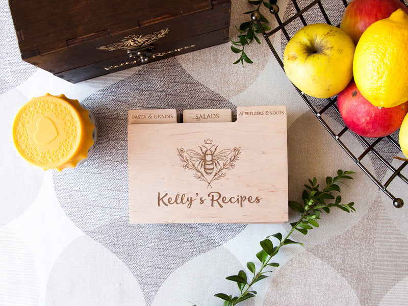 Personalized Recipe Box with Dividers and Cards - Engraved Queen Bee Design Christmas Gift for Mom