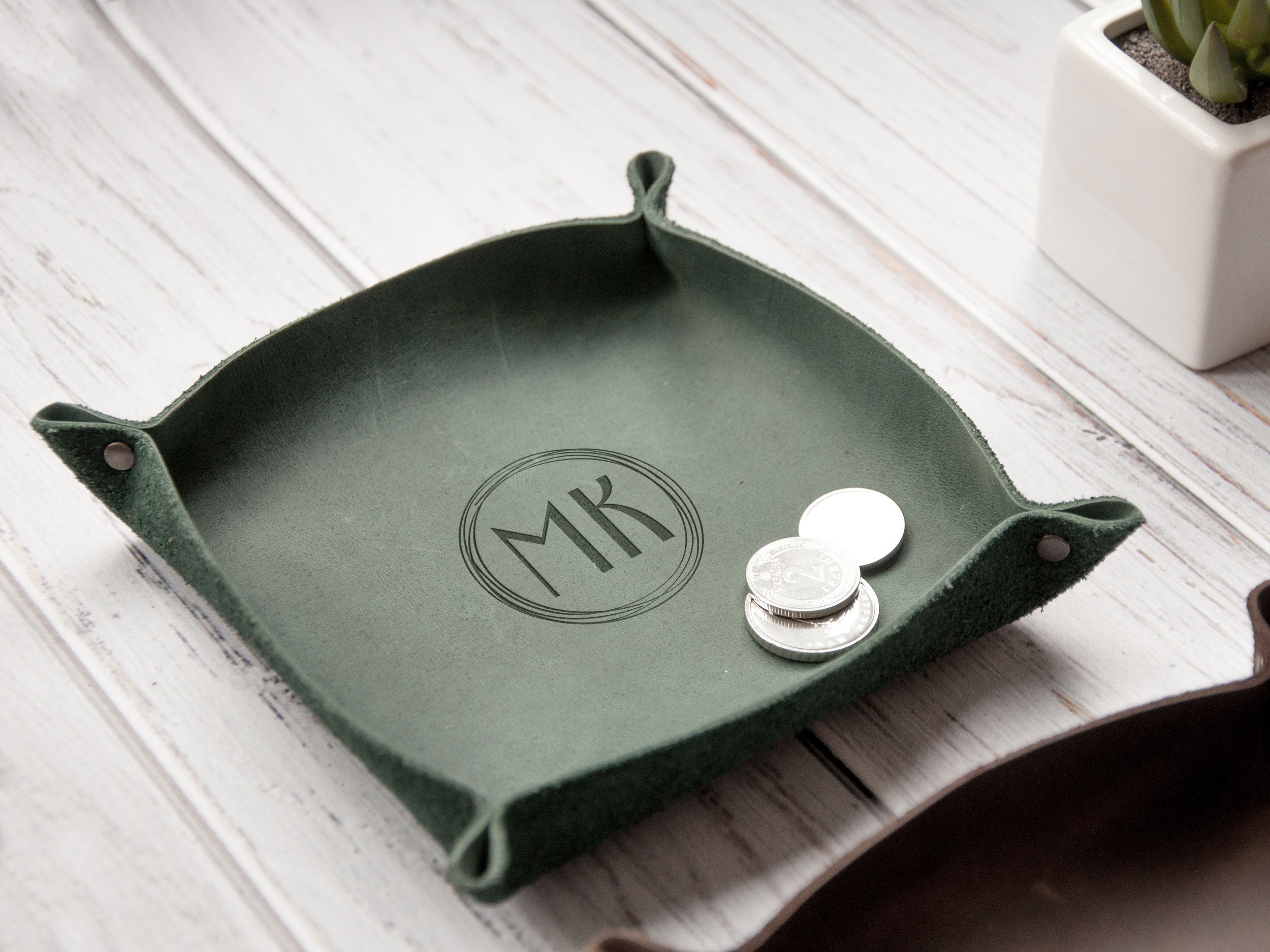 Monogrammed Valet Tray for Men - Leather Catchall