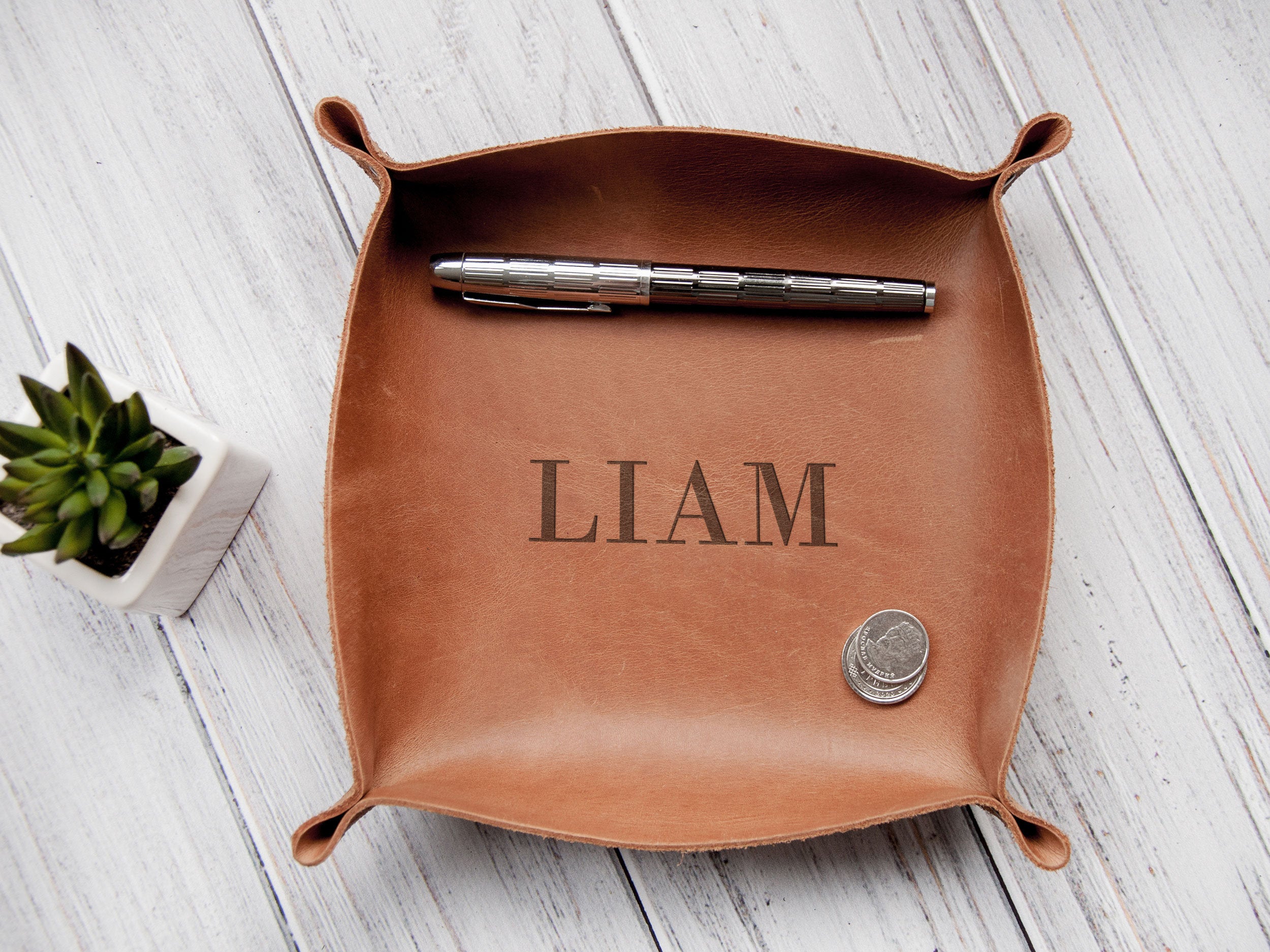 Personalized Leather Catch All - Leather Storage Tray